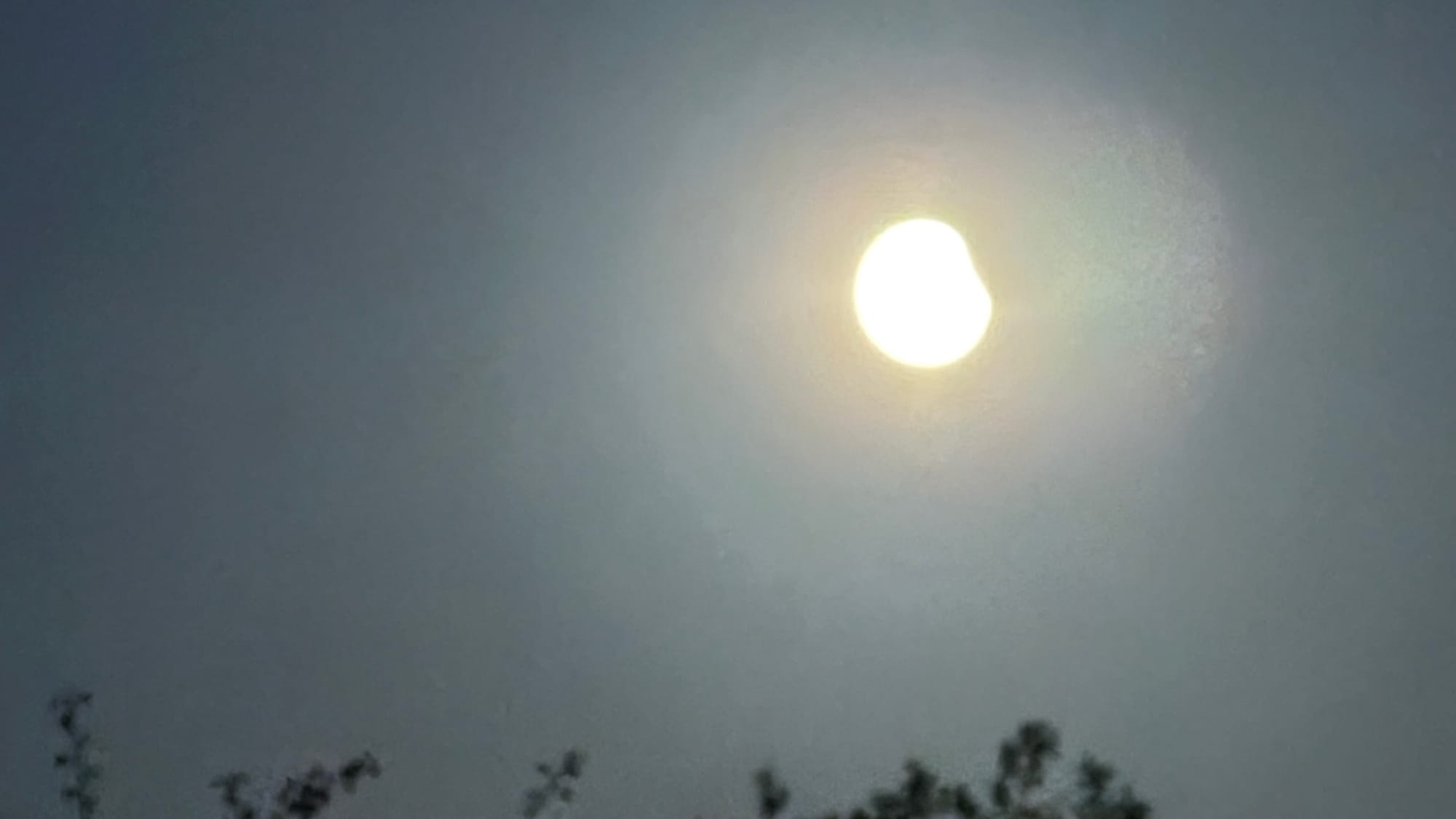 a blurred picture of the moon over trees with a piece missing in the upper right hand corner