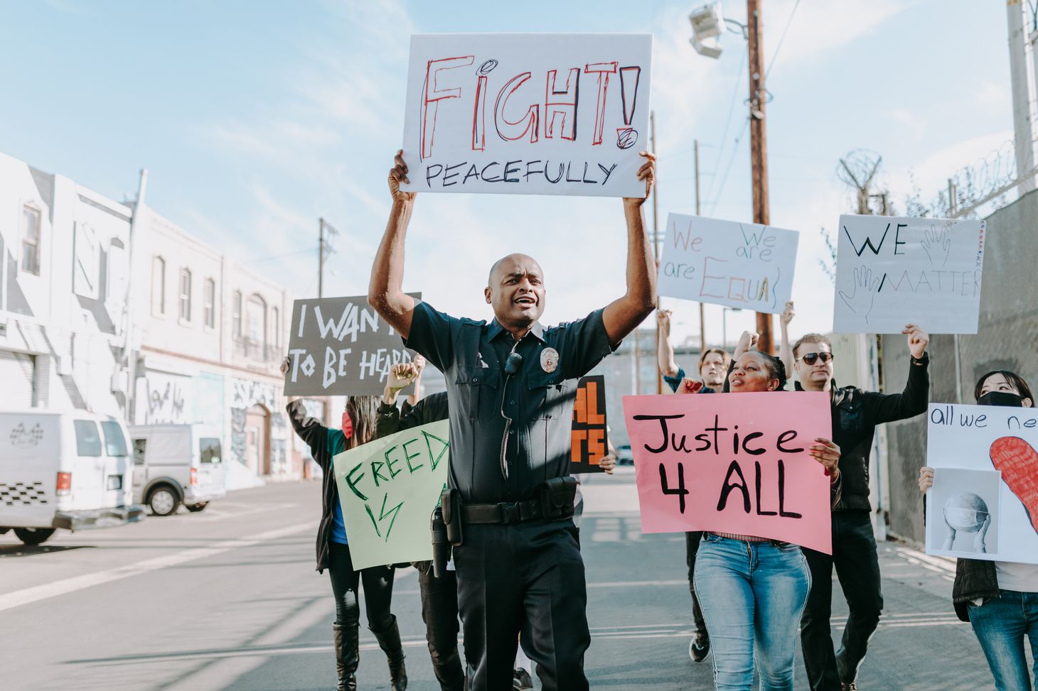 demonstrators with placards